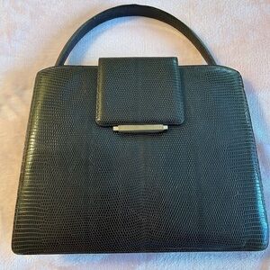 Vintage black alligator purse with mirror 60s/70s leather interior distressed